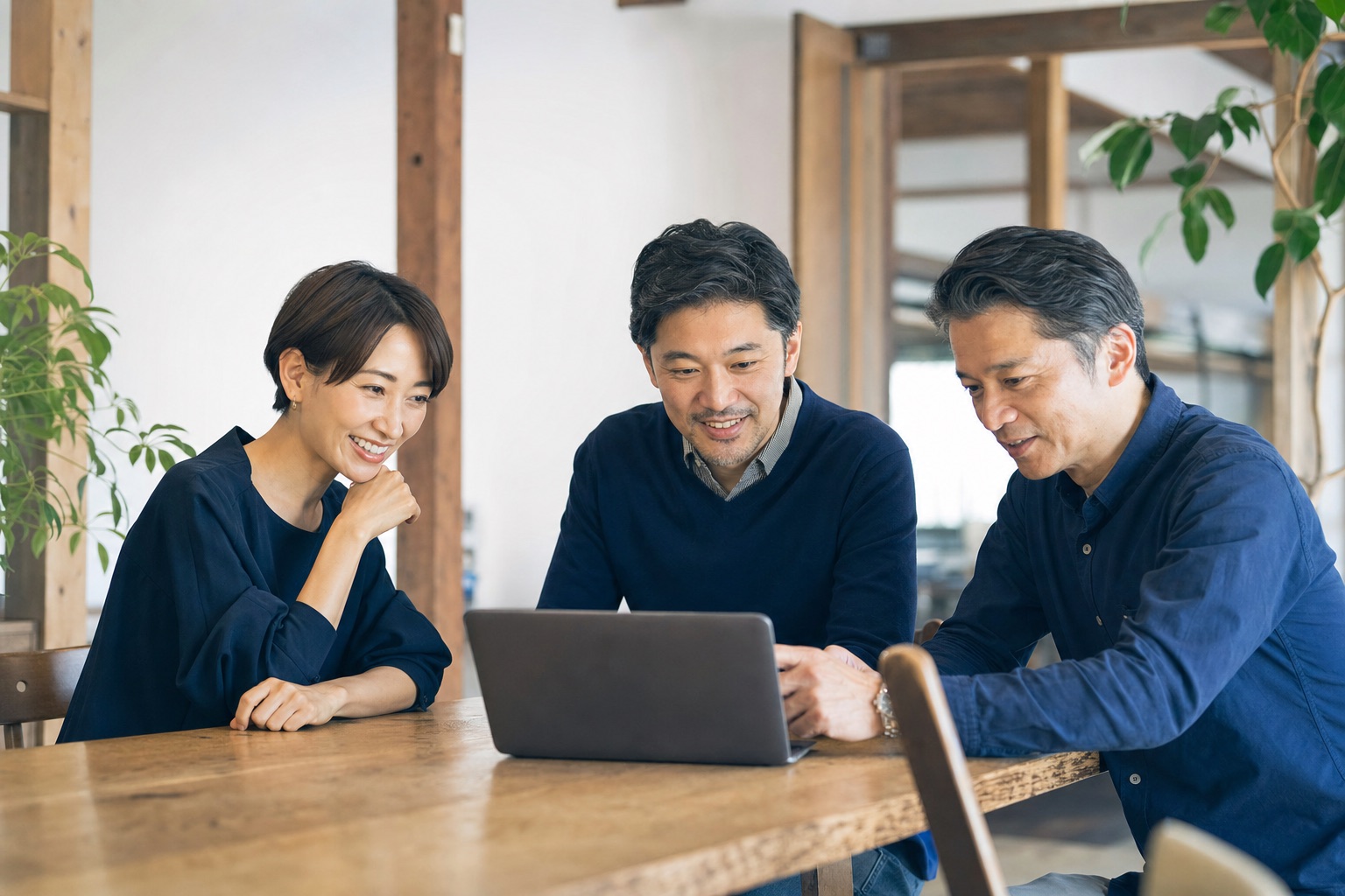 ノートPCを囲んで打ち合わせをする3人