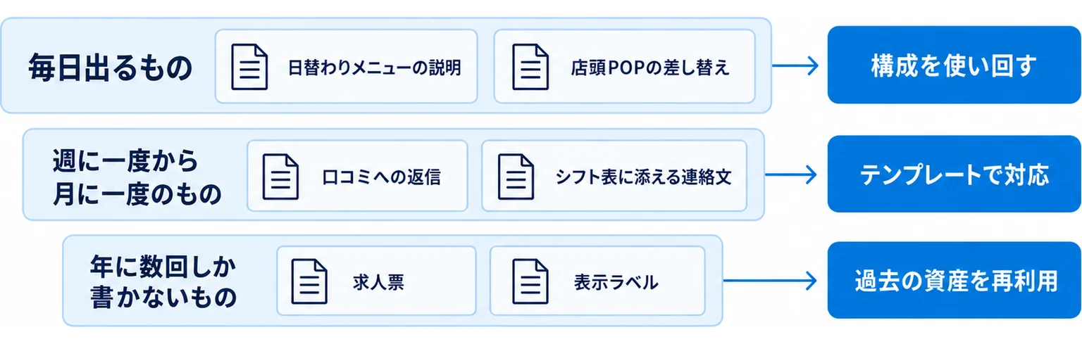 店の書きものを毎日出るもの・週から月に一度のもの・年に数回しか書かないものの3層に分けた図