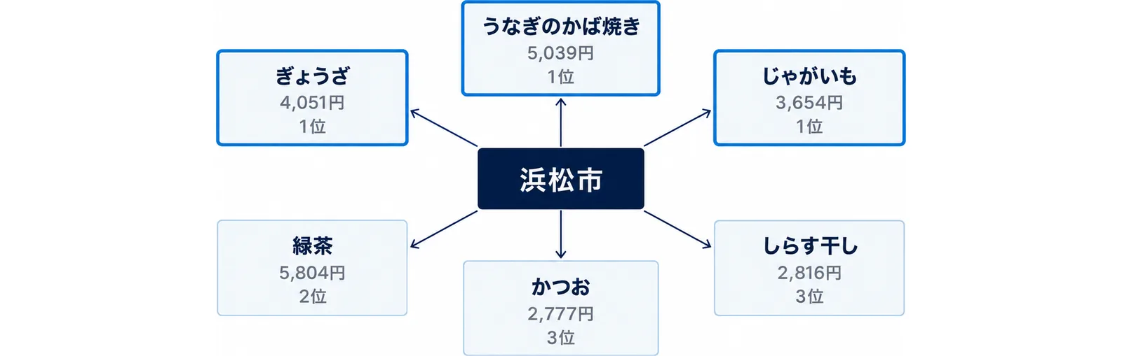 浜松市を中心に、上位品目と年間支出を放射状に配置した図