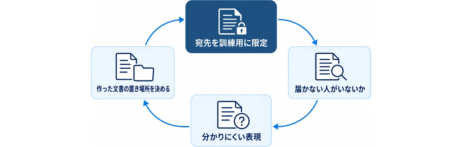 宛先を訓練用に限定して送り、届かない人と分かりにくい表現を見つけ、置き場所を決め直す流れを一巡の輪で示した図