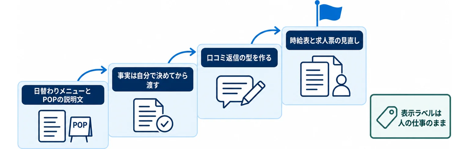 日替わりメニューとPOPの説明文から始めて口コミ返信の型づくり、時給表と求人票の見直しへ進み、表示ラベルは人の仕事のまま残すという順番を示した図