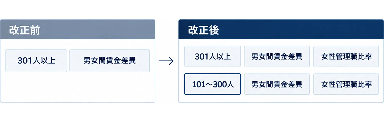 改正前は301人以上の会社だけが男女間賃金差異の公表義務の対象で、改正後は101〜300人の会社も男女間賃金差異と女性管理職比率の公表が義務になったことを左右で比べた図