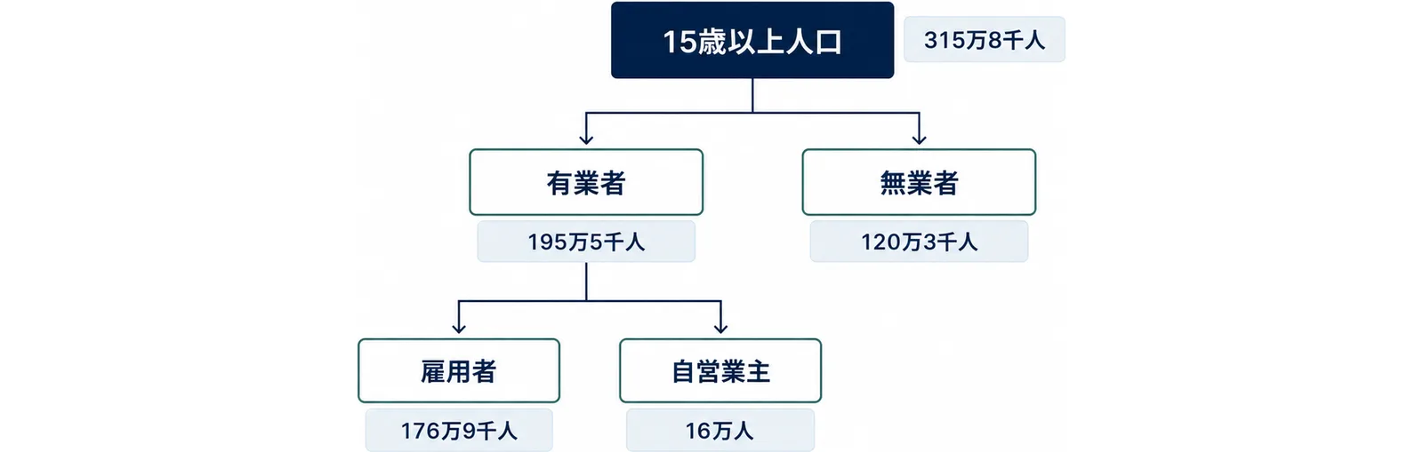 15歳以上人口315万8千人を有業者195万5千人と無業者120万3千人に分け、有業者の下に雇用者176万9千人と自営業主16万人を置いた木の図