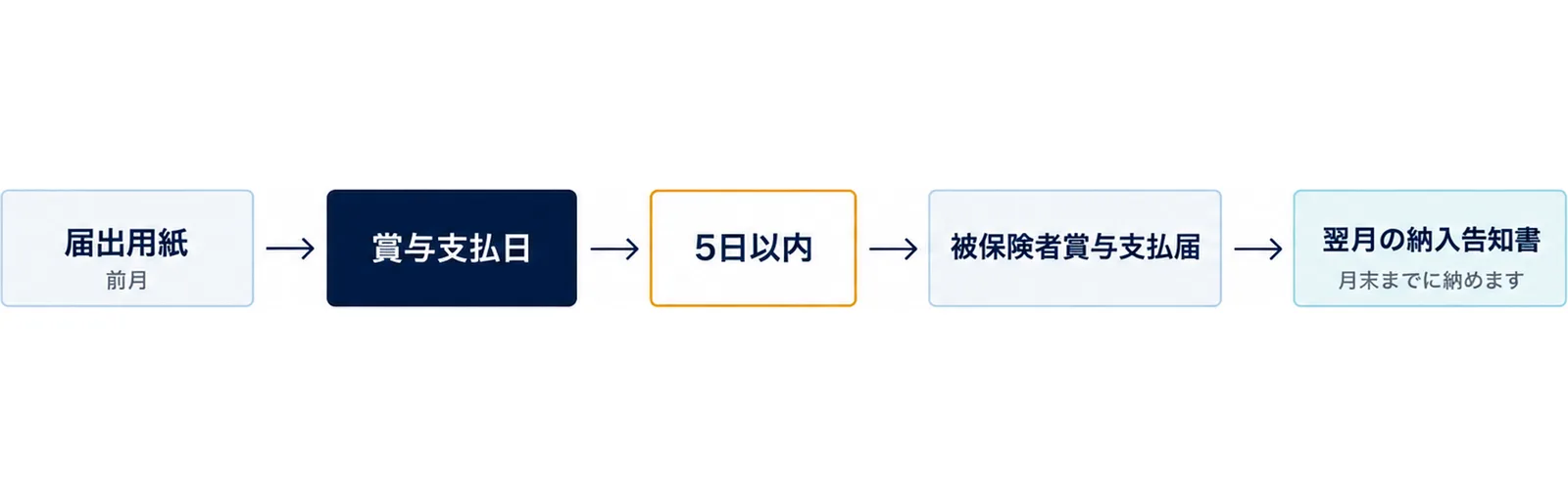 図: 前月に届出用紙、賞与支払日、5日以内に被保険者賞与支払届、翌月の納入告知書、月末までに納めます