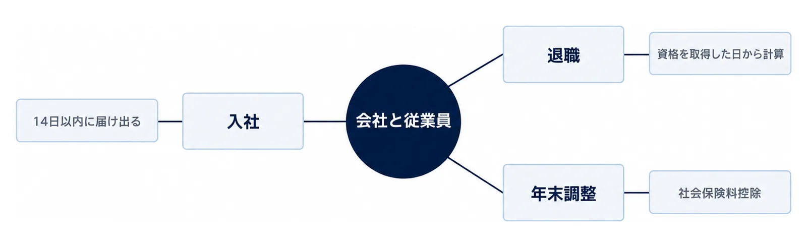 図: 中央の「会社と従業員」の円から3本の線。入社の箱の先に「14日以内に届け出る」、退職の箱の先に「資格を取得した日から計算」、年末調整の箱の先に「社会保険料控除」